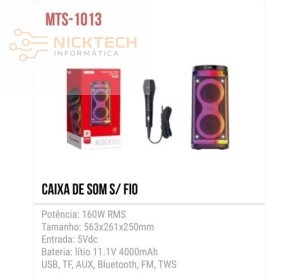  CAIXA DE SOM BLUETOOTH MTS-1013 160W (R#)